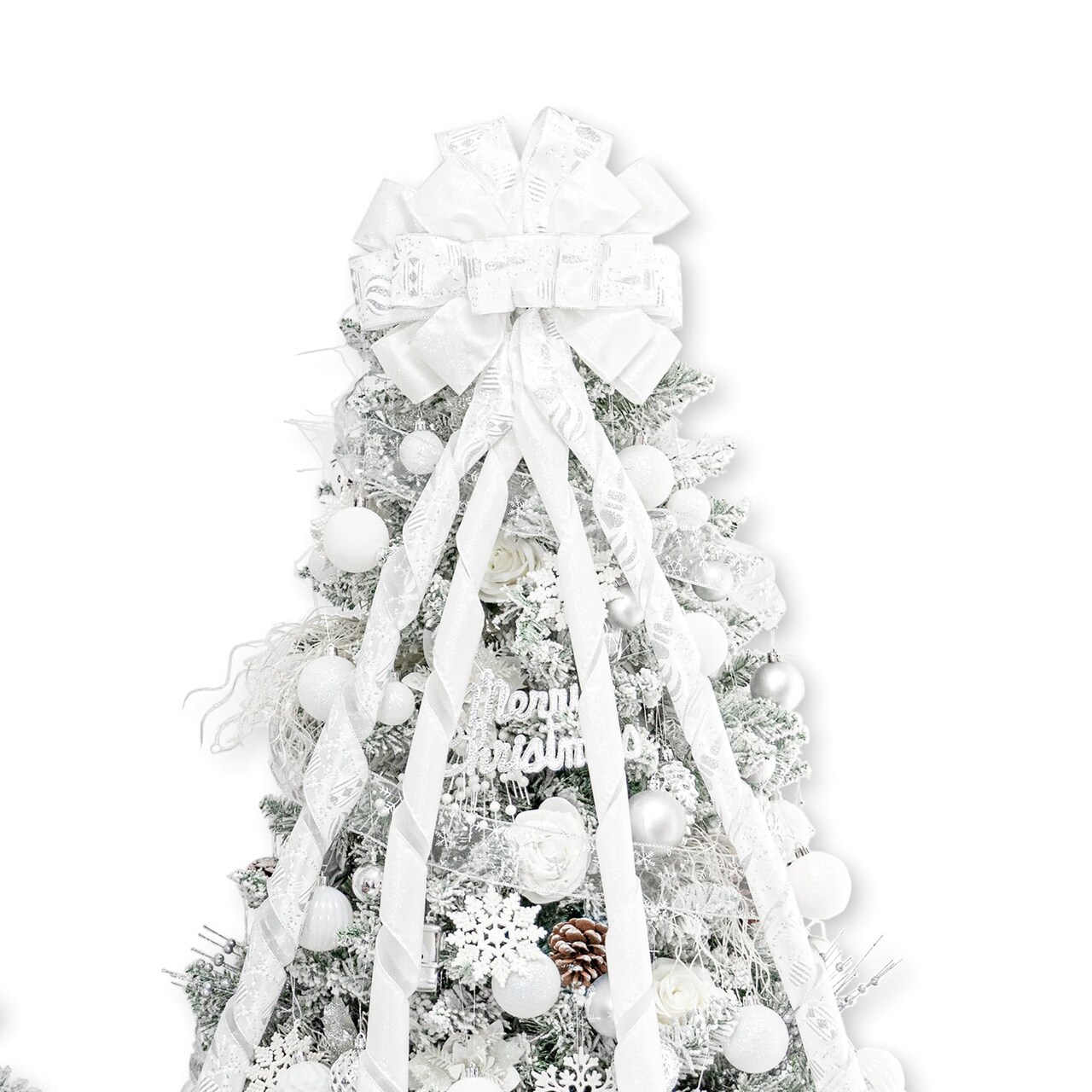 Hismir Christmas Tree Topper Bow,53x13 Inches Large Christmas Bow with Glitter Streamer and Patterned Ribbon,Decorative Bows for Xmas Tree Wreath Door Festival Home Decor(White)